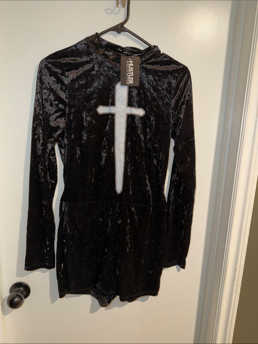 Hustler Hollywood Black Velvet Romper with Silver Cross